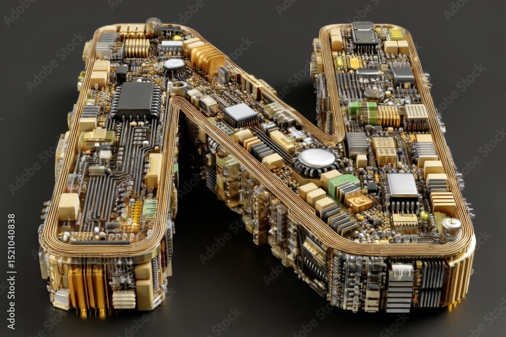 Poster Circuitry design forms a modern letter N with intricate electronics in golden and metallic tones