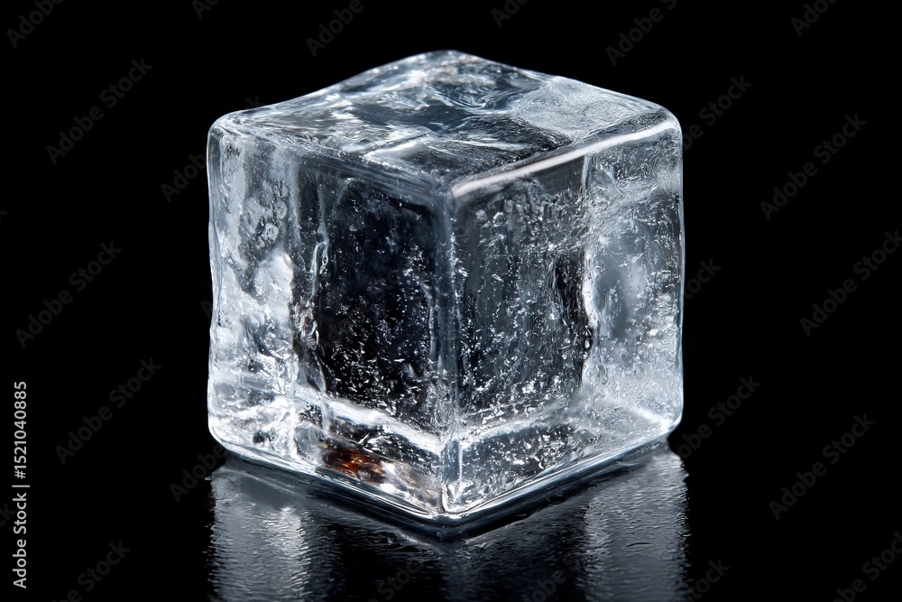 Poster Clear ice cube resting on a reflective surface highlighting intricate bubbles and surface details