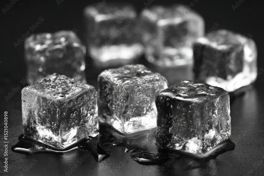 Poster Chilled ice cubes creating a refreshing scene in a dark setting with subtle water reflections