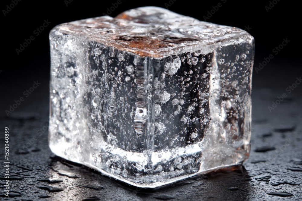 Poster Close-up view of a melting ice cube with bubbles on a dark surface