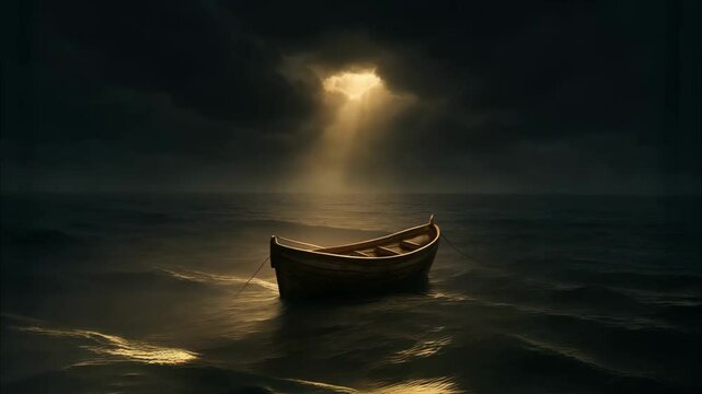 Lonely wooden boat drifting in dark ocean under dramatic sky, with ray of light breaking through clouds. generative AI