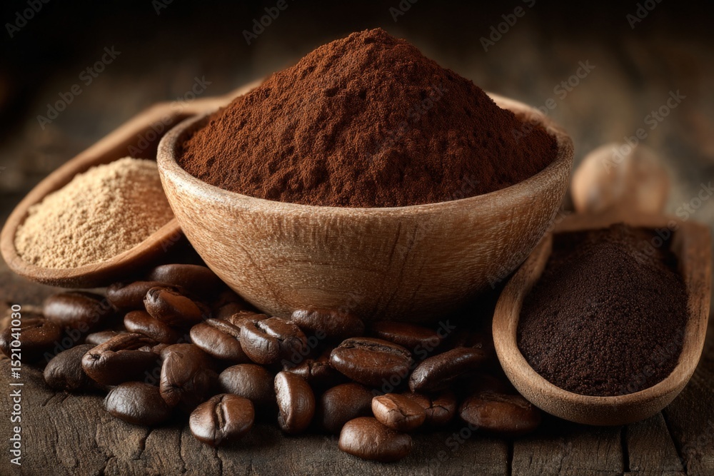 Poster different types of ground coffee and whole coffee beans displayed in wooden bowls on a rustic table