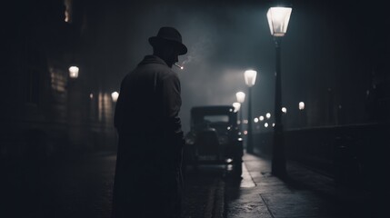 A solitary figure walks a dimly lit street at night.