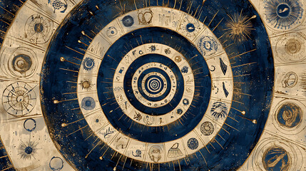 Naklejka premium A dynamic abstract spiral pattern, composed of concentric circles filled with ancient astronomical and symbolic elements, in a palette of deep blues and faded gold.