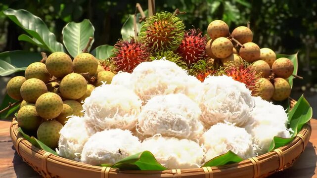 Tropical coconut rice balls and fruits on banana leaves, cinematic orbit and tilt
