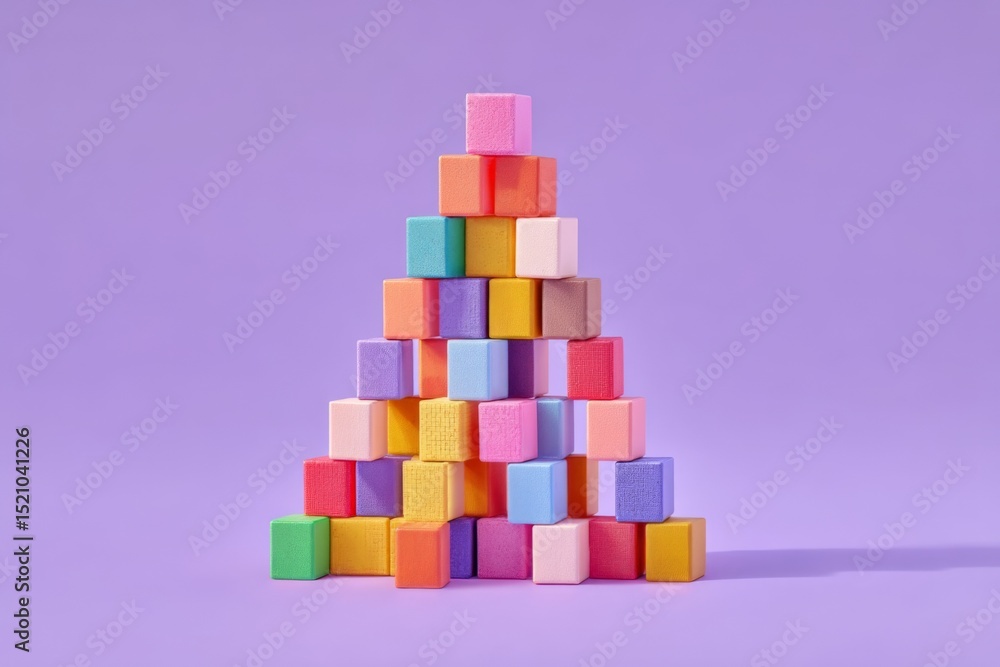 Poster colorful building blocks arranged in a pyramid shape on a purple background for creative playtime