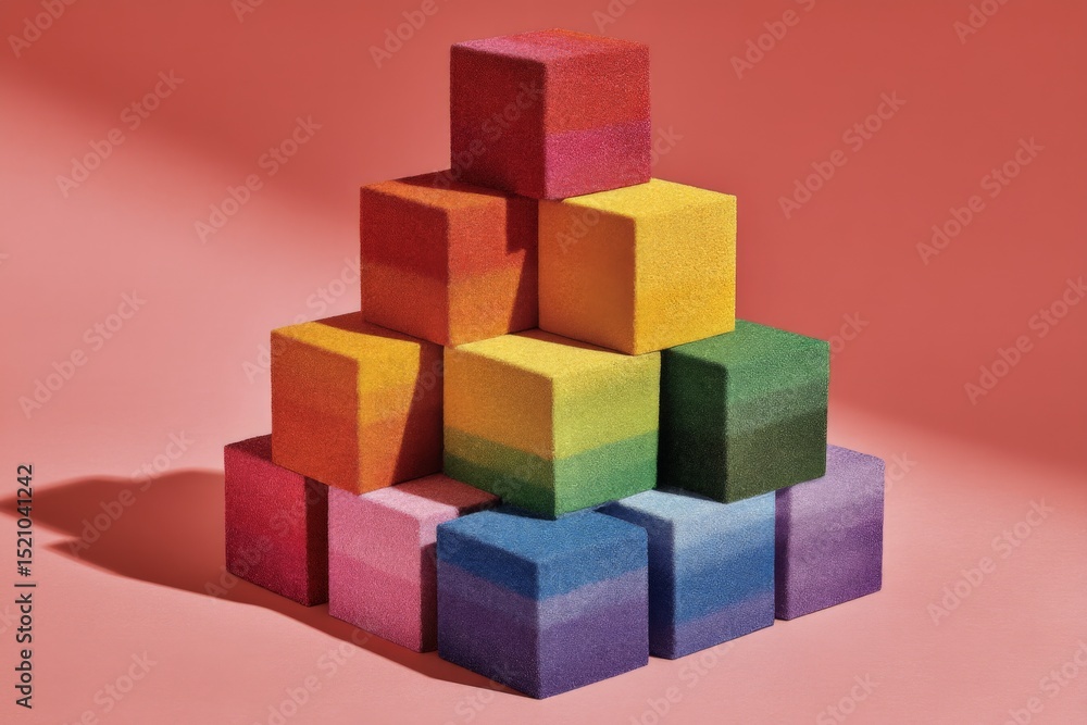 Poster Colorful foam blocks arranged in a pyramid pattern on a vibrant background during daylight