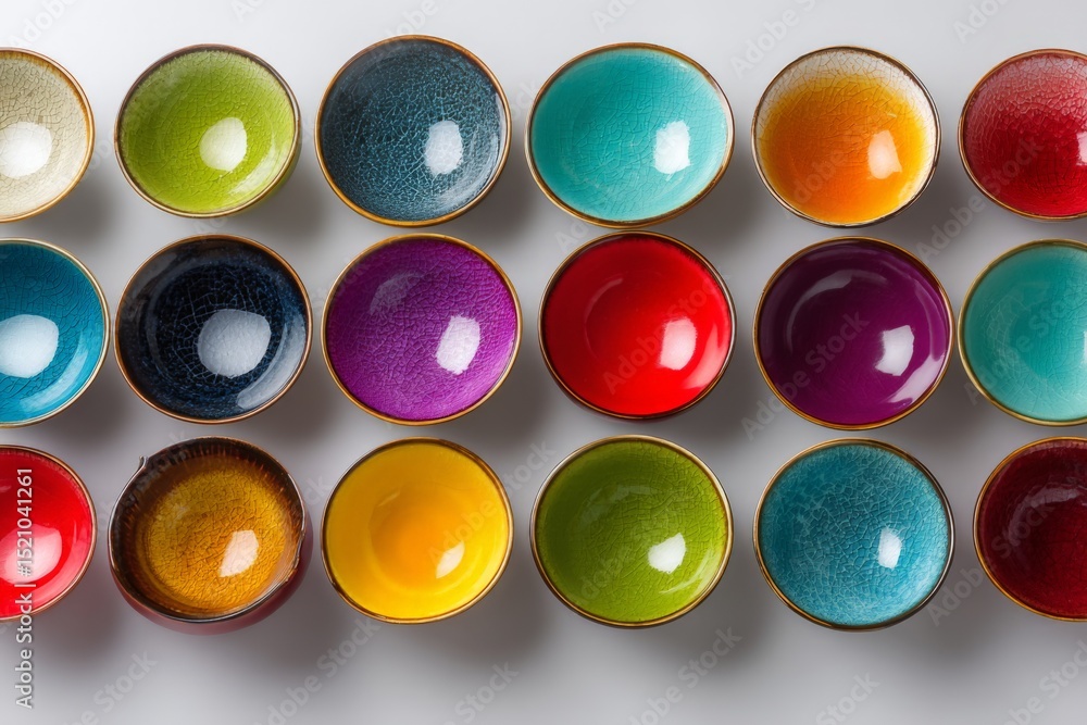 Poster colorful ceramic bowls arranged artistically on a white surface create a vibrant visual display in a