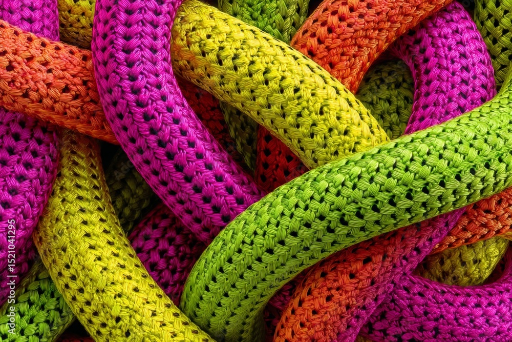 Poster Colorful intertwined ropes create an intricate pattern of vibrant hues and textures in a close-up view