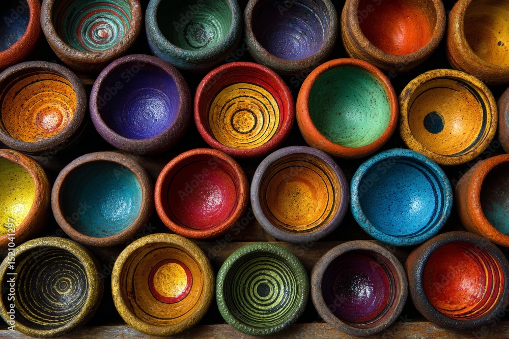 Aufkleber colorful handcrafted clay bowls arranged in an artistic pattern in a market setting during daylight