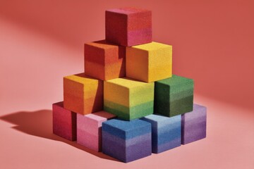 Obraz premium Colorful foam blocks arranged in a pyramid pattern on a vibrant background during daylight