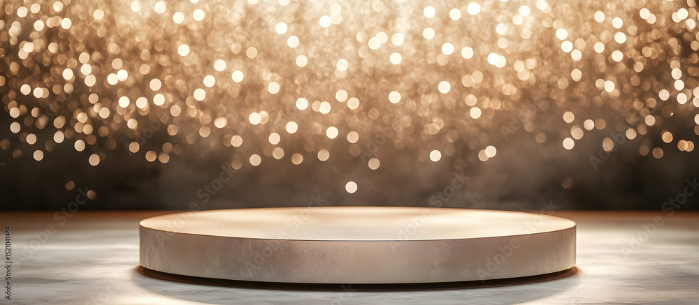 Poster glimmering round podium with soft lighting and sparkling backdrop ideal for showcasing products or a