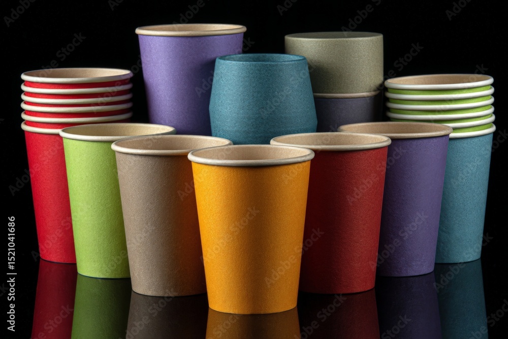 Poster colorful disposable cups arranged creatively on a dark surface for a vibrant display