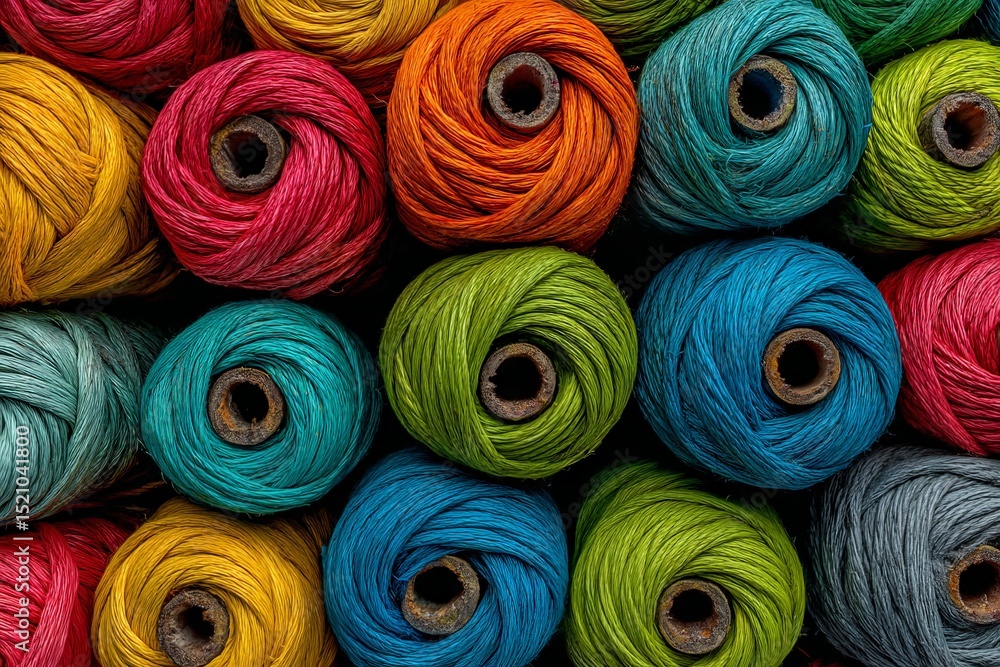 Poster vibrant collection of colorful yarn spools arranged neatly in a craft studio setting