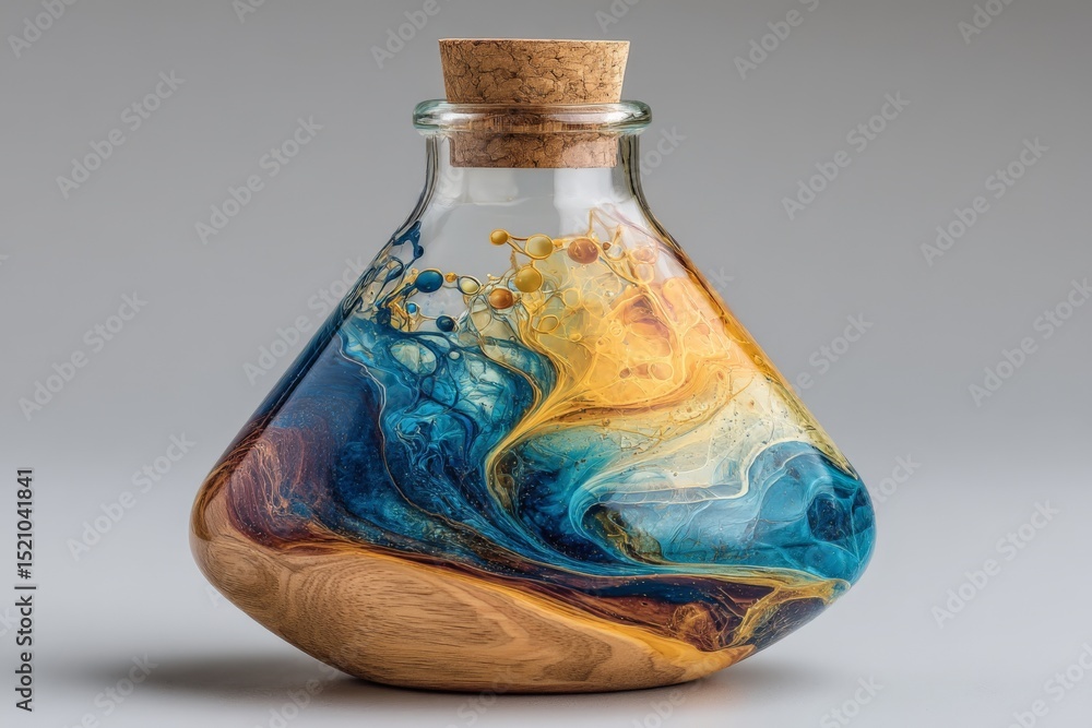 Poster Colorful glass flask with swirling blue and orange patterns on a neutral background in a creative setting