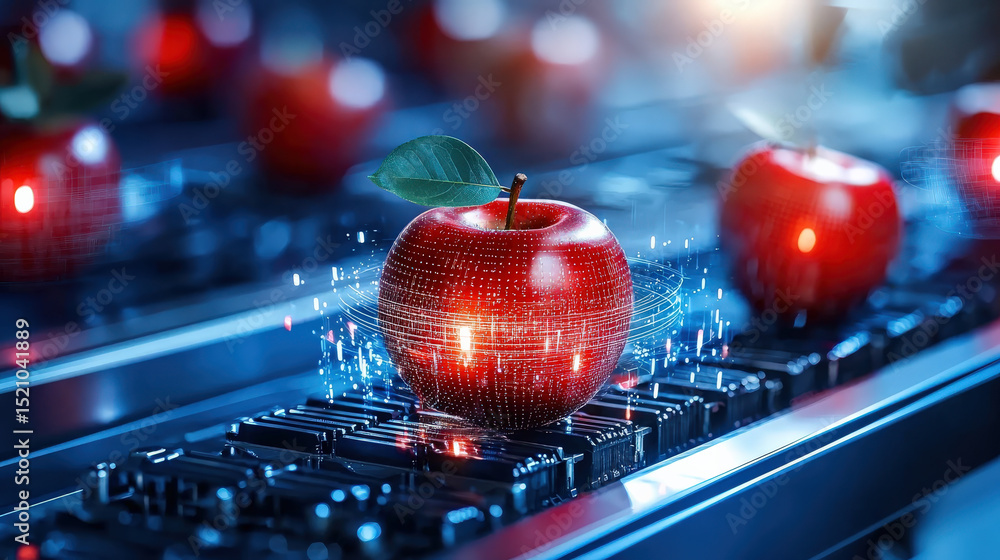 Poster robotic fruit picker delicately handles apples on conveyor belt, illuminated by soft ambient light, 