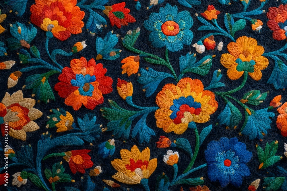Poster vibrant floral embroidery showcases intricate craftsmanship in colorful patterns on a dark backgroun
