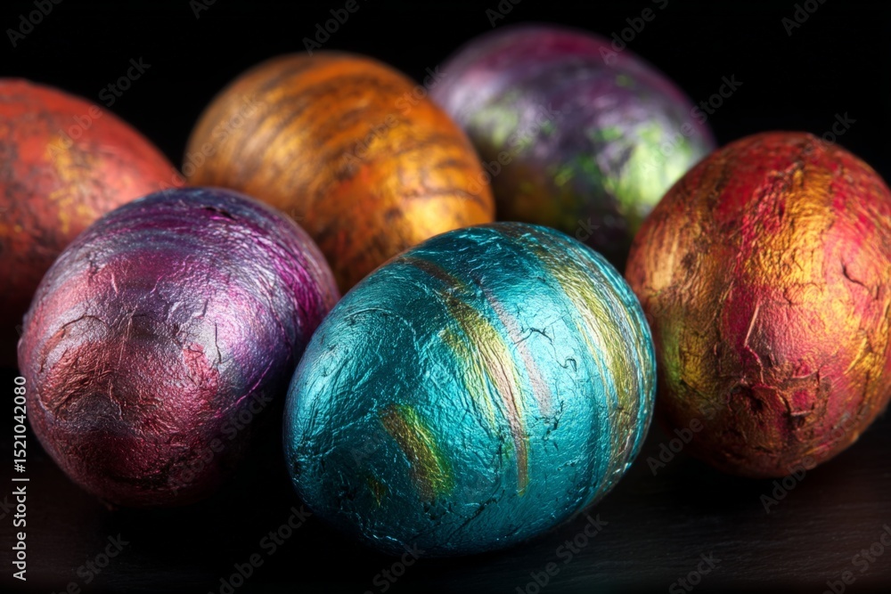 Aufkleber Decorative eggs in various colors arranged on a dark background for a festive display during spring celebrations