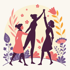 Three women silhouettes in celebration pose surrounded by floral elements on a light background art