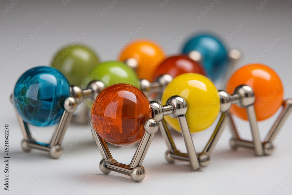 Poster colorful glass spheres connected by metal frames create a playful display on a neutral surface in br