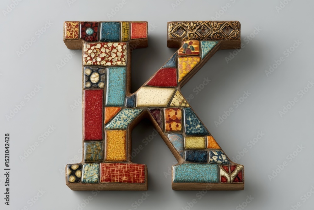 Aufkleber colorful ceramic letter k displayed on a flat surface, showcasing intricate patterns and textures in
