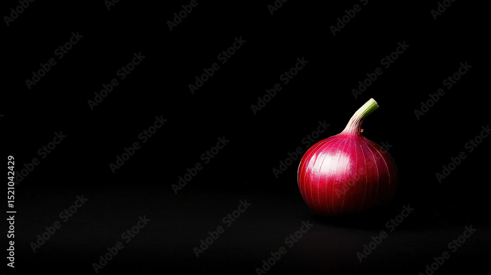 Poster Single red onion with glossy surface is placed against dark background, creating dramatic and minimalist composition. lighting highlights onion vibrant color and smooth texture
