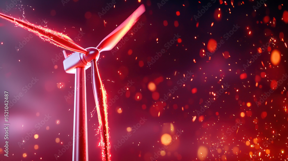 Poster wind turbine stands against vibrant, fiery sky, surrounded by glowing particles, creating dynamic an