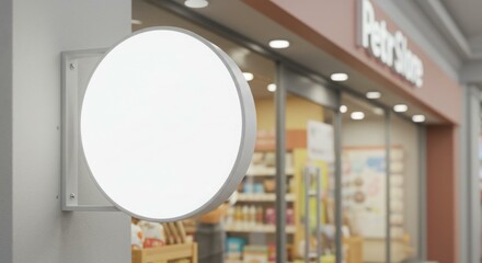 Blank circular sign on a pet store exterior, showcasing a storefront with products.