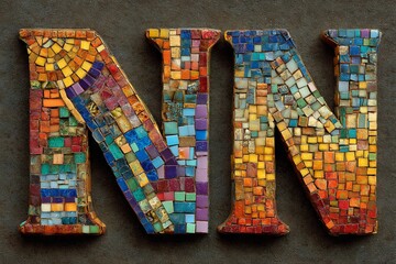 Colorful mosaic letters displayed on a textured surface with intricate designs in various hues and patterns inspired by artistic tile work