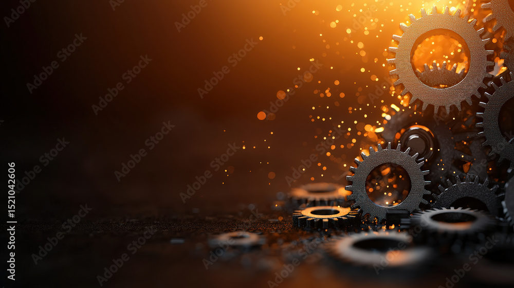 Poster stack of metallic gears illuminated by warm, glowing light creates dynamic industrial scene with spa
