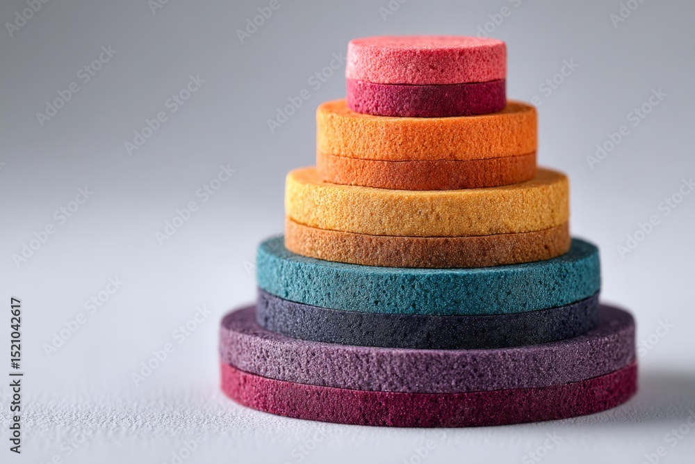 Poster Colorful stacking discs arranged in a pyramid shape on a light gray background in a minimalist setting