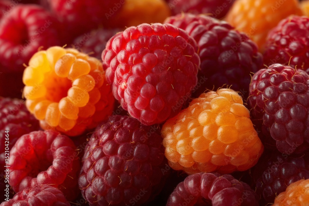 Poster colorful assortment of ripe raspberries and yellow raspberries in a close-up display of fresh fruit 