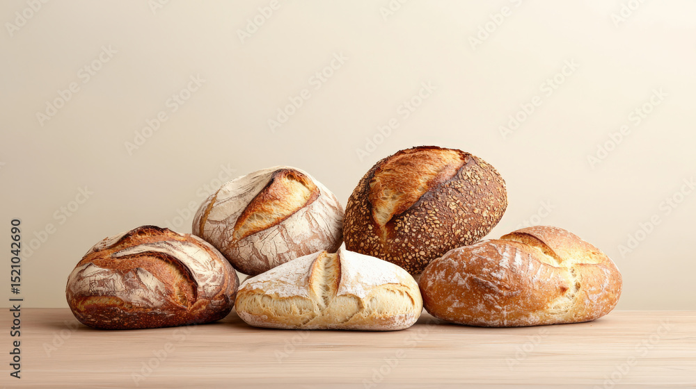 Poster variety of freshly baked bread loaves are displayed on wooden surface, showcasing different textures