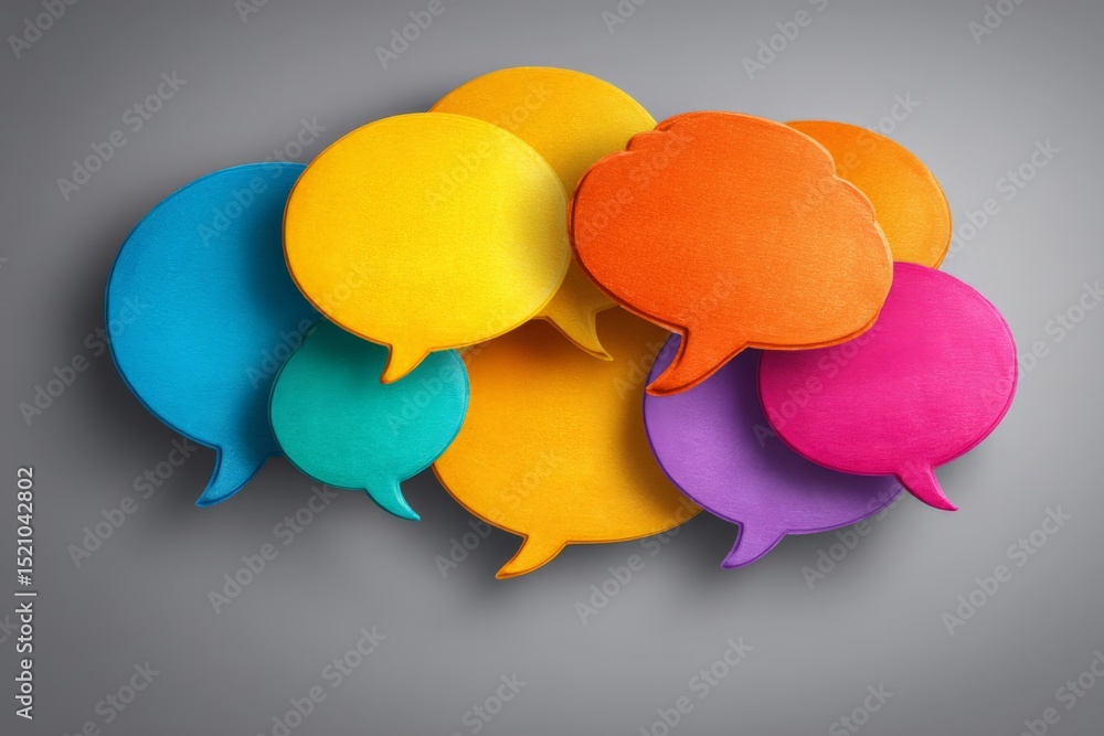 Poster colorful speech bubbles arranged creatively on a gray background showcasing vibrant communication co