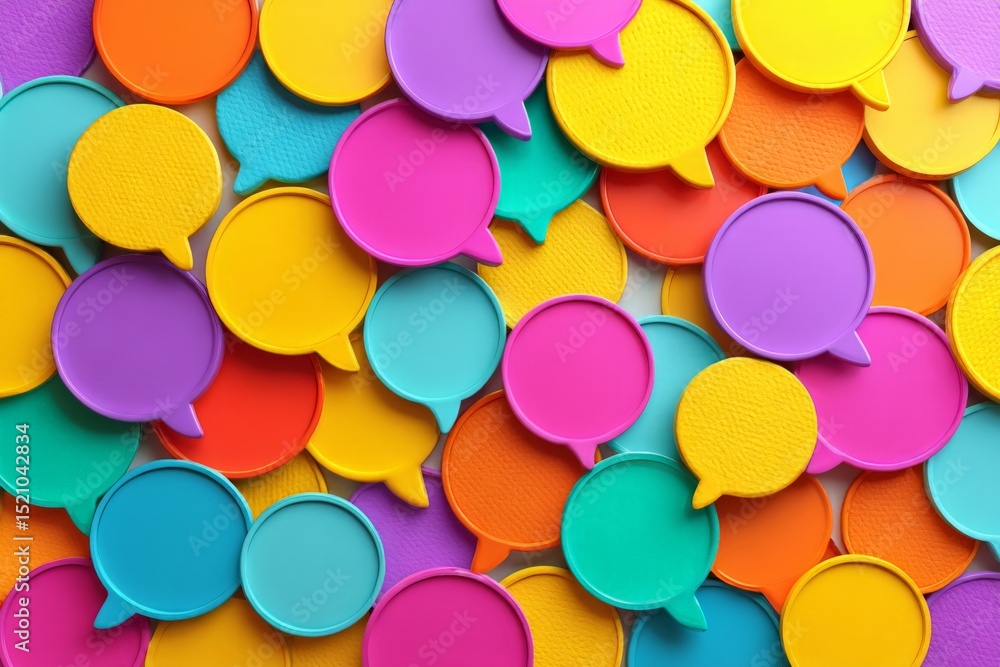 Poster colorful speech bubbles spread across a surface creating a vibrant, lively atmosphere perfect for co