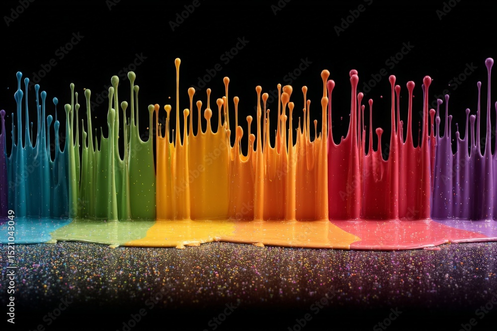 Poster colorful paint splashes create a vibrant wave on a black background during an artistic demonstration
