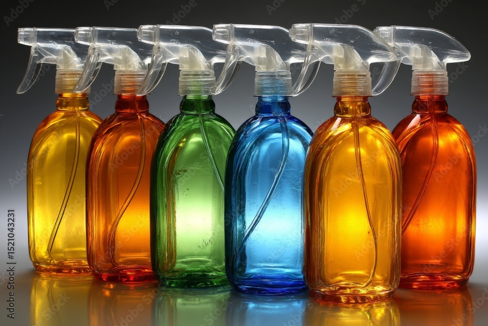 Poster colorful spray bottles arranged in a row with vibrant liquid contents reflecting light in a studio s