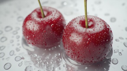 Two fresh, red cherries with water droplets on a white background