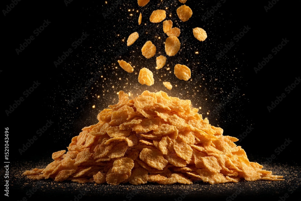 Aufkleber Crunchy cornflakes cascade down to create a golden pile in a studio setting with dark background