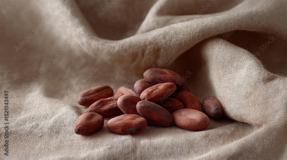Poster pile of cocoa beans on a beige fabric. the beans are dark brown in color and appear to be freshly ha