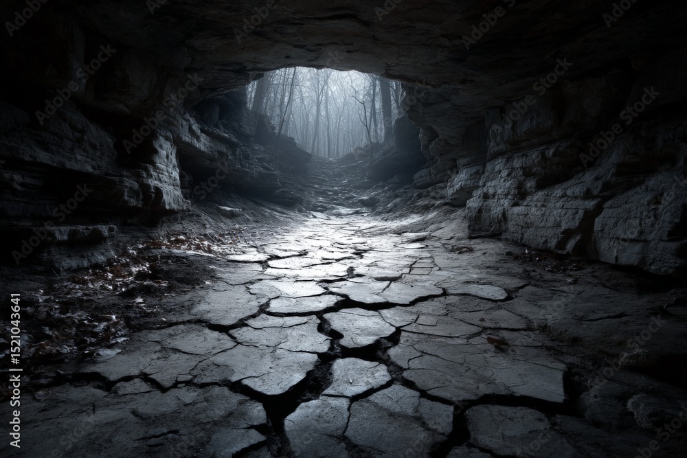 Poster cracked earth path leads into mysterious cave with foggy forest in the background