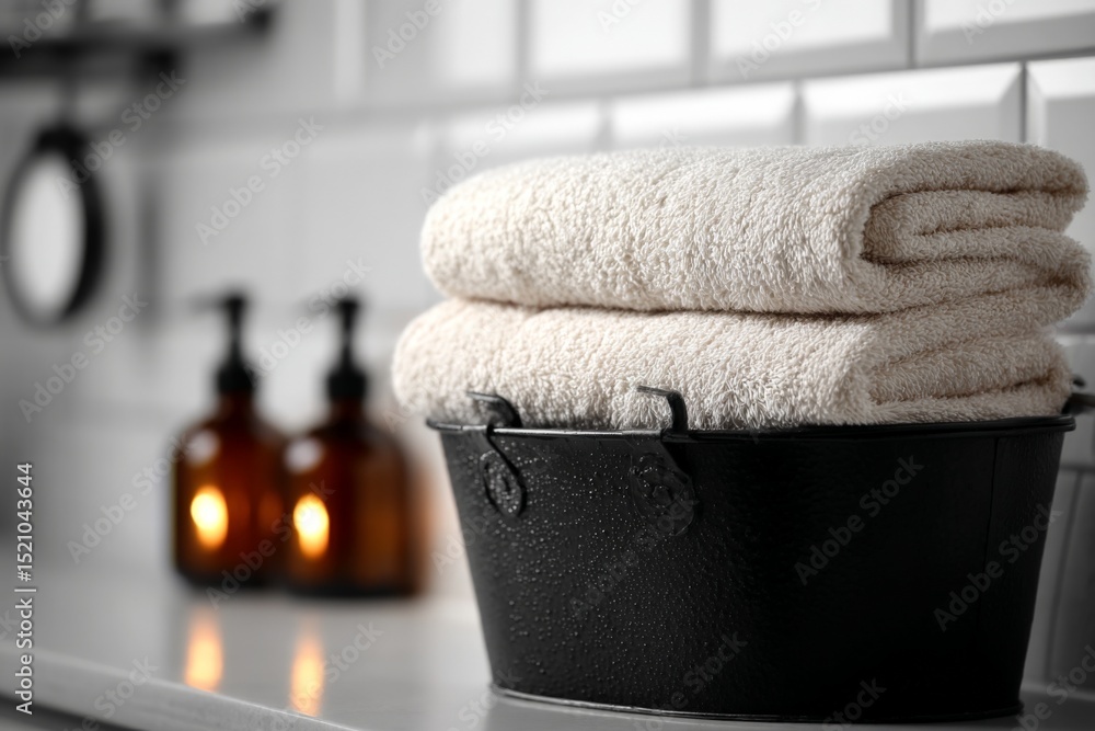 Poster soft towels neatly stacked in a black metal basket on a bathroom countertop with candles in the back