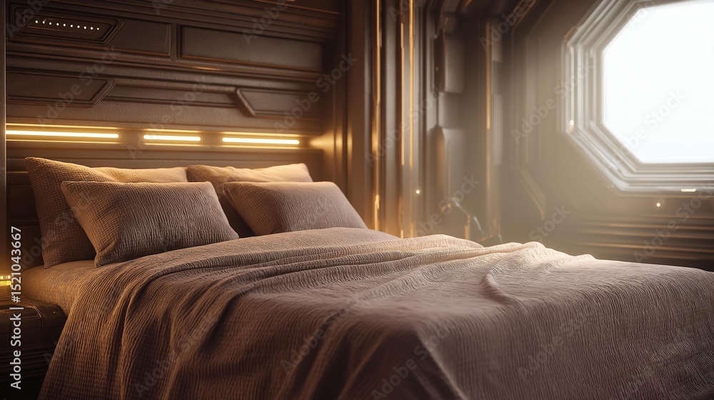 Poster modern and luxurious bedroom with a large window on the right side. the window has a hexagonal shape