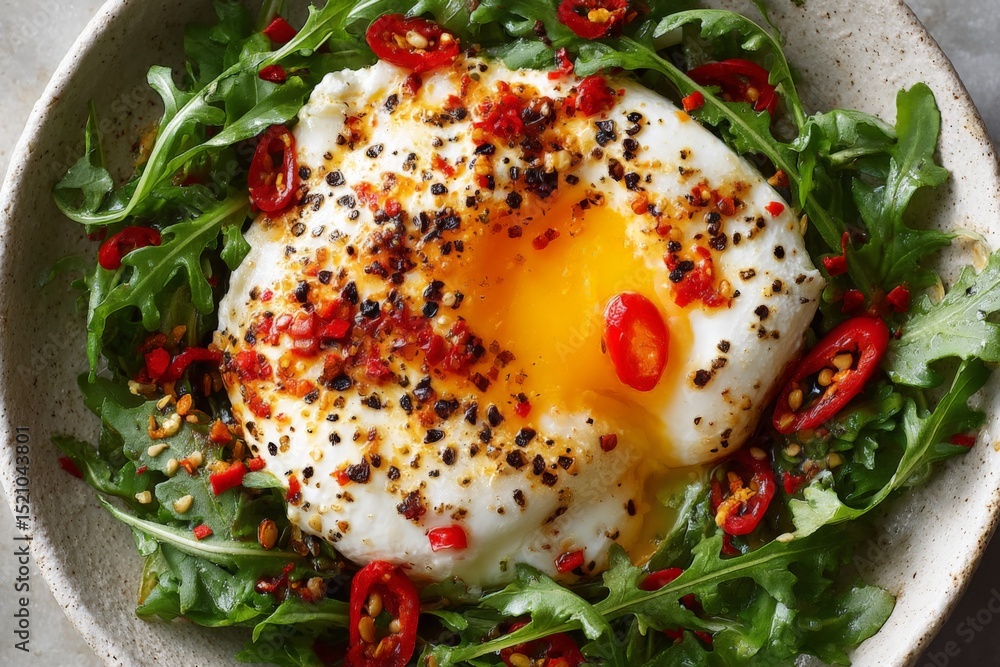 Poster delicious poached egg on arugula salad with chili and spices served in a rustic bowl
