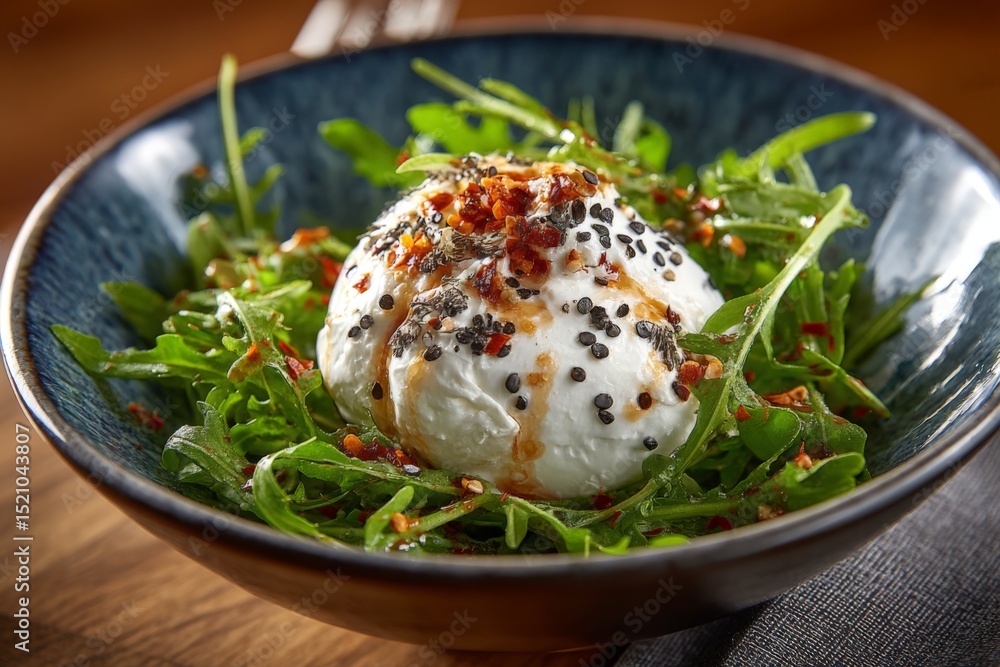 Aufkleber fresh burrata cheese served on a bed of arugula with spices in a rustic bowl