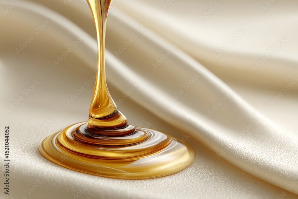 Poster golden honey drips gracefully on a soft silk fabric in a close-up view showcasing rich texture and w