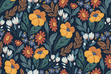 Seamless floral pattern, abstract ditsy print of decorative art wild plants. Folk style botanical design of hand drawn large flowers, small leaves in dark autumn colors. Vector illustration. © Yulya i Kot