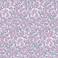 Seamless floral pattern, liberty ditsy print in delicate purple colors. Small cute hand drawn flowers, tiny leaves, simple mini plants abstract. Gentle botanical textile design. Vector illustration