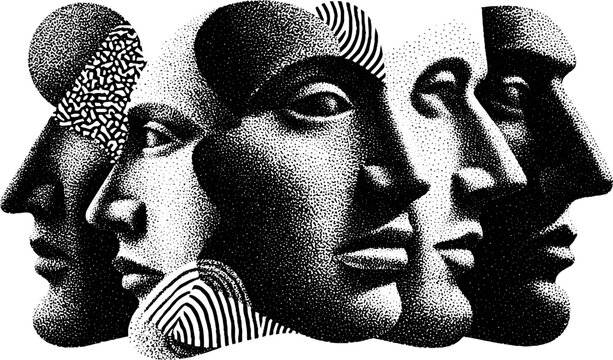 Engraved illustration set of overlapping faces with geometric patterns in monochrome design