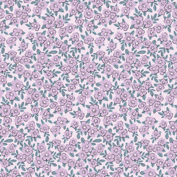 Seamless floral pattern, liberty ditsy print in delicate purple colors. Small cute hand drawn flowers, tiny leaves, simple mini plants abstract. Gentle botanical textile design. Vector illustration